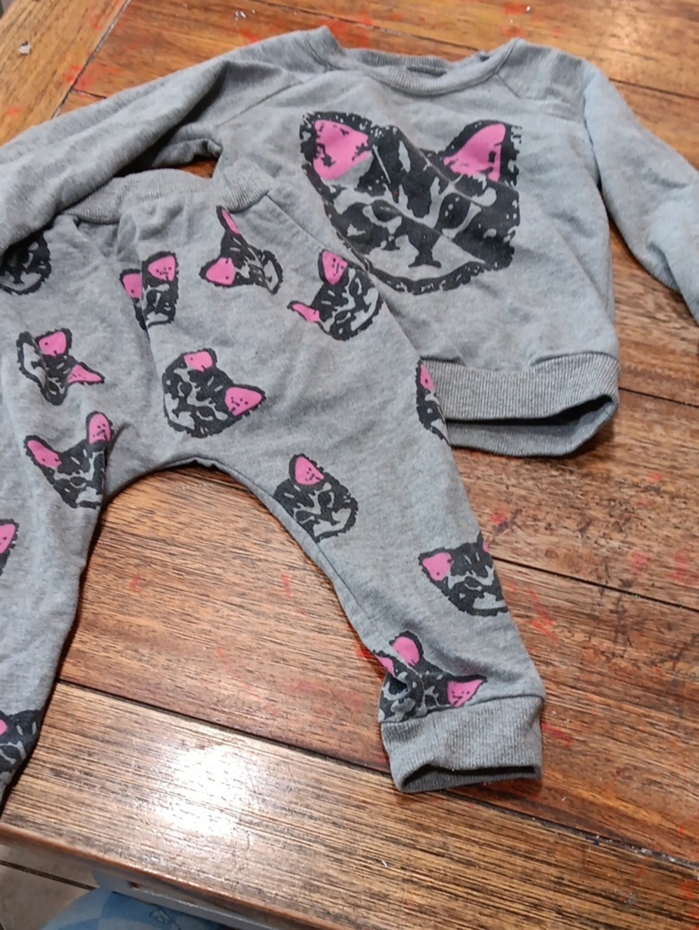 Gray Infant Two-Piece Sweatshirt & Pants Set with Pink-Accented Cat Motif